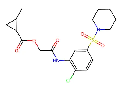 [2-(2-chloro-5-piperidin-1-ylsulfonylanilino)-2-oxoethyl] 2-methylcyclopropane-1-carboxylate structure