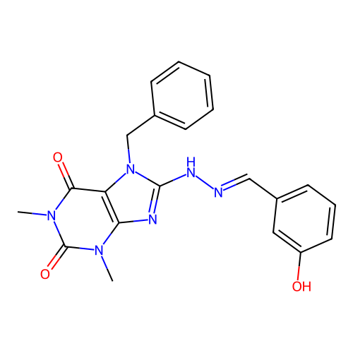 (E)-7-benzyl-8-(2-(3-hydroxybenzylidene)hydrazinyl)-1,3-dimethyl-1H-purine-2,6(3H,7H)-dione structure