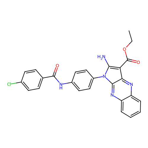 ethyl 2-amino-1-(4-(4-chlorobenzamido)phenyl)-1H-pyrrolo[2,3-b]quinoxaline-3-carboxylate structure