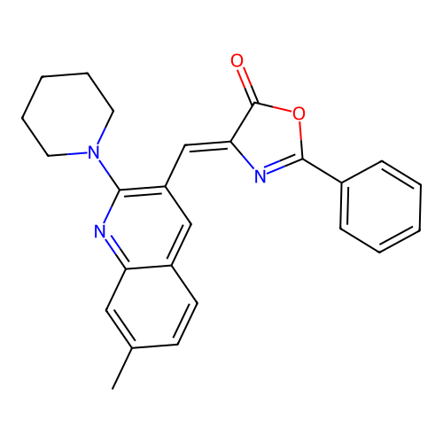 4-((7-methyl-2-(piperidin-1-yl)quinolin-3-yl)methylene)-2-phenyloxazol-5(4H)-one structure