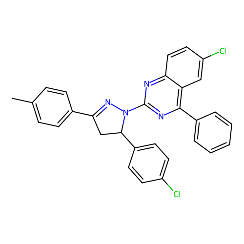 6-chloro-2-(5-(4-chlorophenyl)-3-(p-tolyl)-4,5-dihydro-1H-pyrazol-1-yl)-4-phenylquinazoline structure