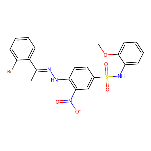 4-[(2E)-2-[1-(2-bromophenyl)ethylidene]hydrazino]-N-(2-methoxyphenyl)-3-nitro-benzenesulfonamide structure