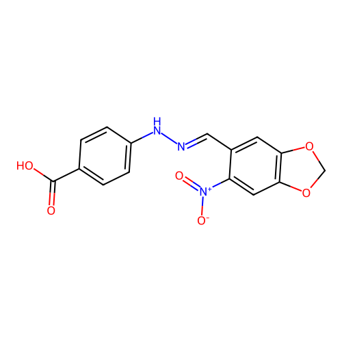 4-{2-[(6-Nitro-1,3-dioxaindan-5-yl)methylidene]hydrazin-1-yl}benzoic acid structure