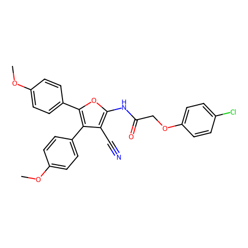 2-(4-chlorophenoxy)-N-[3-cyano-4,5-bis(4-methoxyphenyl)furan-2-yl]acetamide structure