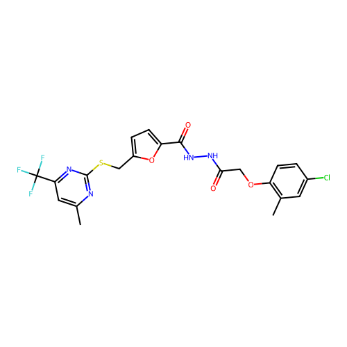 N'-[(4-chloro-2-methylphenoxy)acetyl]-5-({[4-methyl-6-(trifluoromethyl)pyrimidin-2-yl]sulfanyl}methyl)furan-2-carbohydrazide structure