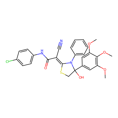 (2Z)-N-(4-chlorophenyl)-2-cyano-2-[4-hydroxy-3-phenyl-4-(3,4,5-trimethoxyphenyl)-1,3-thiazolidin-2-ylidene]acetamide structure
