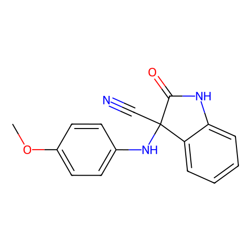 3-[(4-methoxyphenyl)amino]-2-oxo-2,3-dihydro-1H-indole-3-carbonitrile structure