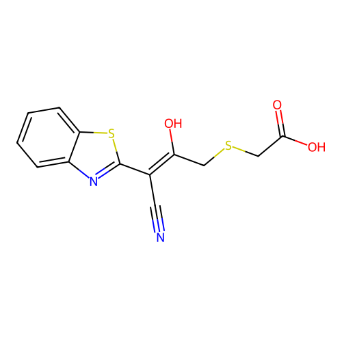 2-((3-(Benzo[d]thiazol-2(3H)-ylidene)-3-cyano-2-oxopropyl)thio)acetic acid structure