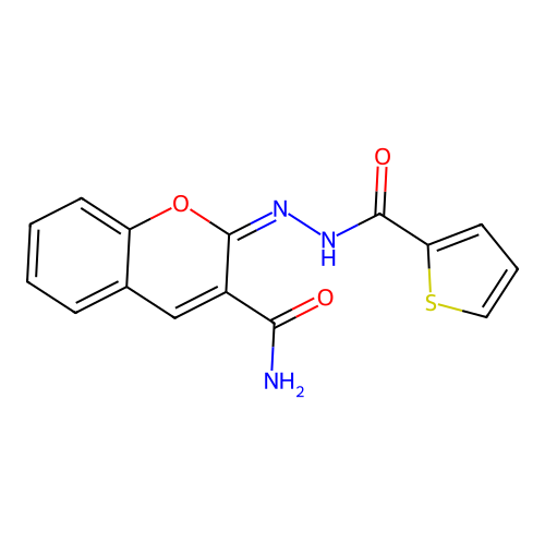(2E)-2-{[(thiophen-2-yl)formamido]imino}-2H-chromene-3-carboxamide structure