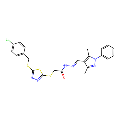 2-({5-[(4-chlorobenzyl)sulfanyl]-1,3,4-thiadiazol-2-yl}sulfanyl)-N'-[(E)-(3,5-dimethyl-1-phenyl-1H-pyrazol-4-yl)methylidene]acetohydrazide structure