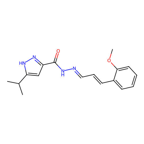 N'-[(1E,2E)-3-(2-methoxyphenyl)prop-2-en-1-ylidene]-3-(propan-2-yl)-1H-pyrazole-5-carbohydrazide structure