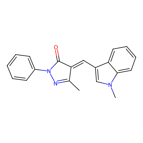 (E)-3-methyl-4-((1-methyl-1H-indol-3-yl)methylene)-1-phenyl-1H-pyrazol-5(4H)-one structure