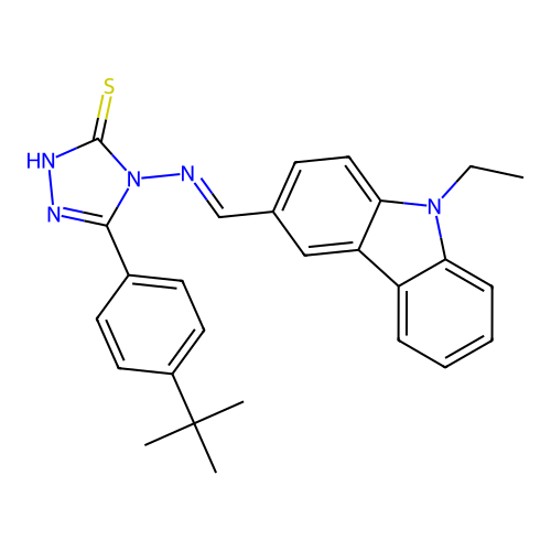5-(4-tert-butylphenyl)-4-{[(E)-(9-ethyl-9H-carbazol-3-yl)methylidene]amino}-4H-1,2,4-triazole-3-thiol structure