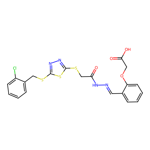 (E)-2-(2-((2-(2-((5-((2-chlorobenzyl)thio)-1,3,4-thiadiazol-2-yl)thio)acetyl)hydrazono)methyl)phenoxy)acetic acid structure