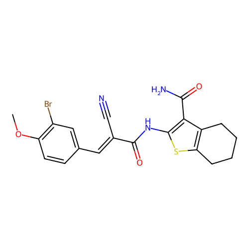 2-[[(E)-3-(3-bromo-4-methoxyphenyl)-2-cyanoprop-2-enoyl]amino]-4,5,6,7-tetrahydro-1-benzothiophene-3-carboxamide structure