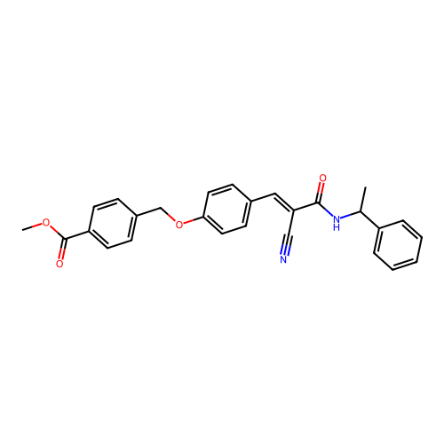 methyl 4-[(4-{2-cyano-2-[(1-phenylethyl)carbamoyl]eth-1-en-1-yl}phenoxy)methyl]benzoate structure