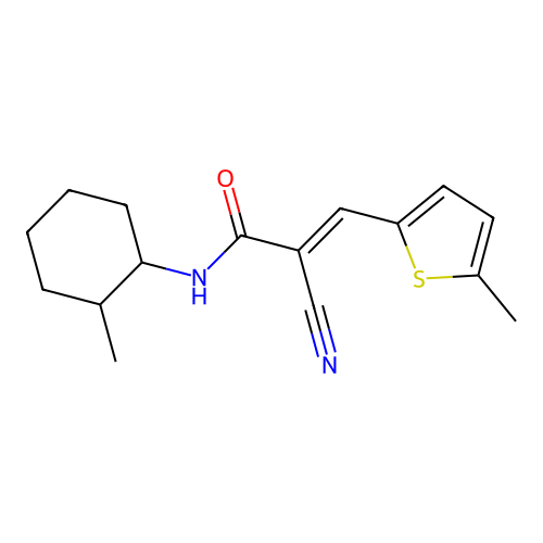 2-cyano-N-(2-methylcyclohexyl)-3-(5-methylthiophen-2-yl)prop-2-enamide structure