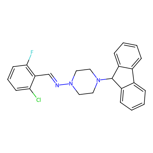 N-(2-chloro-6-fluorobenzylidene)-4-(9H-fluoren-9-yl)-1-piperazinamine structure