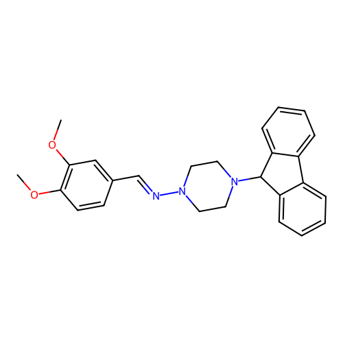 (E)-N-(3,4-dimethoxybenzylidene)-4-(9H-fluoren-9-yl)piperazin-1-amine structure