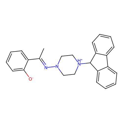 2-{(1E)-N-[4-(9H-fluoren-9-yl)piperazin-4-ium-1-yl]ethanimidoyl}phenolate structure