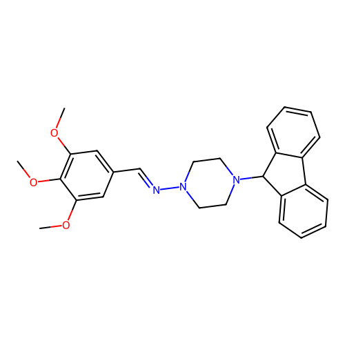 (E)-4-(9H-fluoren-9-yl)-N-(3,4,5-trimethoxybenzylidene)piperazin-1-amine structure