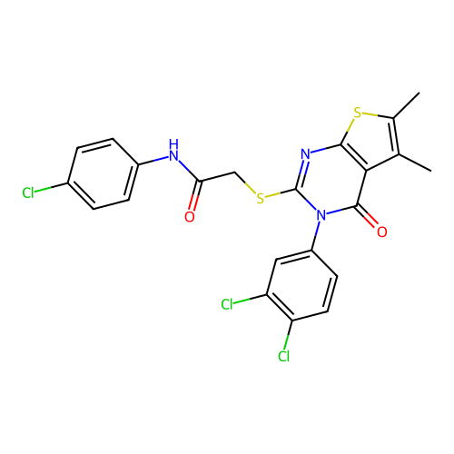 N-(4-chlorophenyl)-2-((3-(3,4-dichlorophenyl)-5,6-dimethyl-4-oxo-3,4-dihydrothieno[2,3-d]pyrimidin-2-yl)thio)acetamide structure