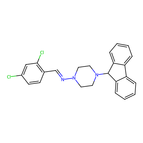 (E)-N-(2,4-dichlorobenzylidene)-4-(9H-fluoren-9-yl)piperazin-1-amine structure