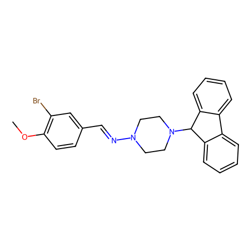 N-(3-bromo-4-methoxybenzylidene)-4-(9H-fluoren-9-yl)-1-piperazinamine structure
