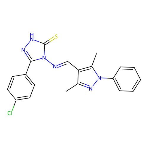 3-(4-chlorophenyl)-4-[(E)-(3,5-dimethyl-1-phenylpyrazol-4-yl)methylideneamino]-1H-1,2,4-triazole-5-thione structure