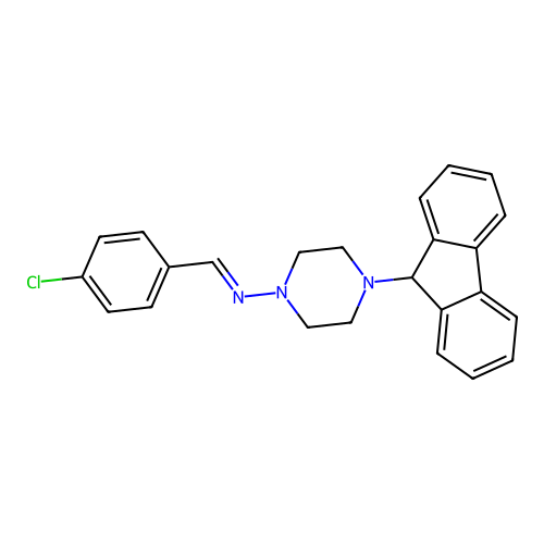 N-(4-chlorobenzylidene)-4-(9H-fluoren-9-yl)-1-piperazinamine structure