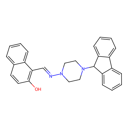 1-[[4-(9H-fluoren-9-yl)piperazin-4-ium-1-yl]iminomethyl]naphthalen-2-olate structure