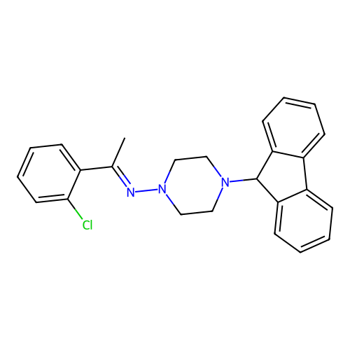 N-[(1E)-1-(2-chlorophenyl)ethylidene]-4-(9H-fluoren-9-yl)piperazin-1-amine structure