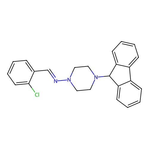 (E)-N-(2-chlorobenzylidene)-4-(9H-fluoren-9-yl)piperazin-1-amine structure