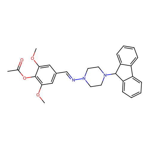 4-({[4-(9H-fluoren-9-yl)-1-piperazinyl]imino}methyl)-2,6-dimethoxyphenyl acetate structure