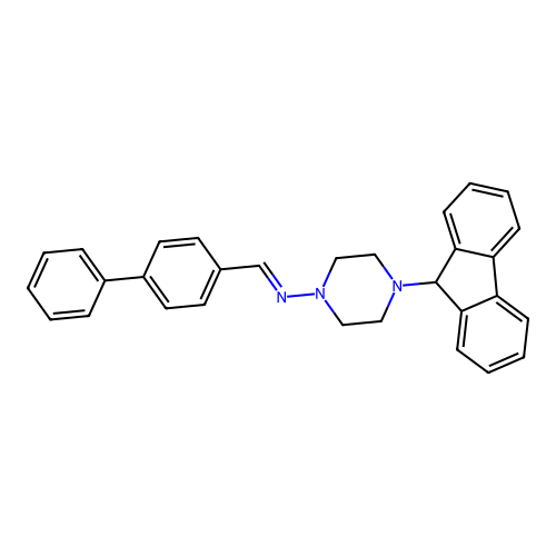 (E)-N-([1,1'-biphenyl]-4-ylmethylene)-4-(9H-fluoren-9-yl)piperazin-1-amine structure