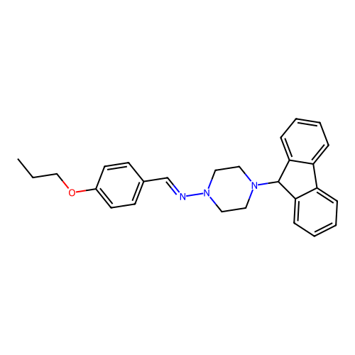 (E)-4-(9H-fluoren-9-yl)-N-(4-propoxybenzylidene)piperazin-1-amine structure