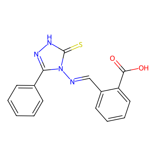 (E)-2-(((3-mercapto-5-phenyl-4H-1,2,4-triazol-4-yl)imino)methyl)benzoic acid structure