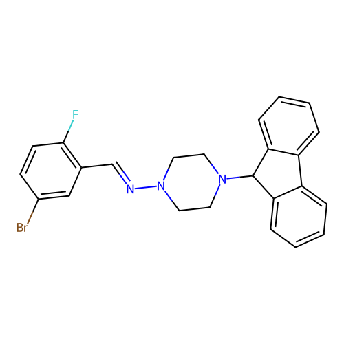 1-(5-bromo-2-fluorophenyl)-N-[4-(9H-fluoren-9-yl)piperazin-1-yl]methanimine structure