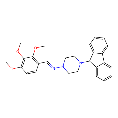 (E)-4-(9H-fluoren-9-yl)-N-(2,3,4-trimethoxybenzylidene)piperazin-1-amine structure