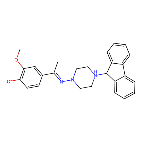 4-{(1E)-N-[4-(9H-fluoren-9-yl)piperazin-4-ium-1-yl]ethanimidoyl}-2-methoxyphenolate structure
