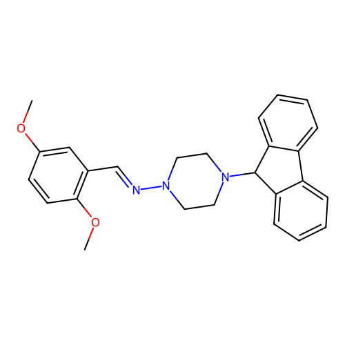 (E)-N-(2,5-dimethoxybenzylidene)-4-(9H-fluoren-9-yl)piperazin-1-amine structure
