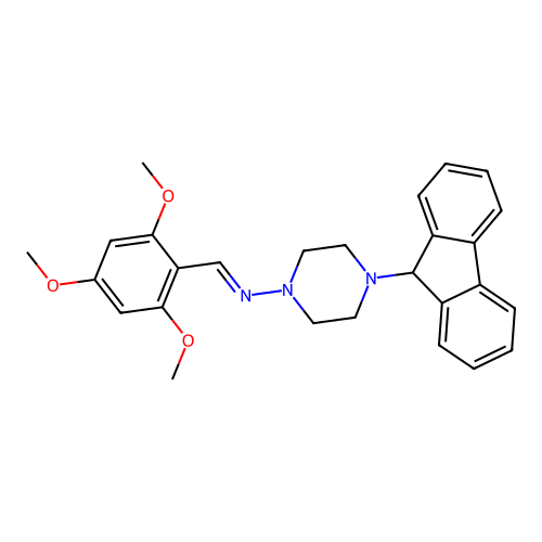 (E)-4-(9H-fluoren-9-yl)-N-(2,4,6-trimethoxybenzylidene)piperazin-1-amine structure