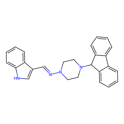 N-[4-(9H-fluoren-9-yl)piperazin-1-yl]-1-(1H-indol-3-yl)methanimine structure