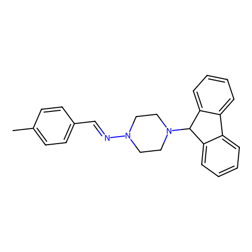 (E)-4-(9H-fluoren-9-yl)-N-(4-methylbenzylidene)piperazin-1-amine structure