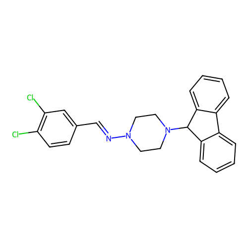 (E)-N-(3,4-dichlorobenzylidene)-4-(9H-fluoren-9-yl)piperazin-1-amine structure