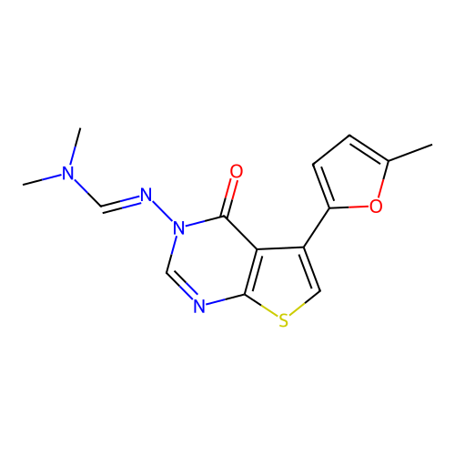(E)-N,N-dimethyl-N'-(5-(5-methylfuran-2-yl)-4-oxothieno[2,3-d]pyrimidin-3(4H)-yl)formimidamide structure