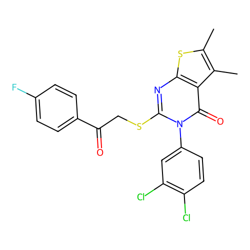 3-(3,4-dichlorophenyl)-2-((2-(4-fluorophenyl)-2-oxoethyl)thio)-5,6-dimethylthieno[2,3-d]pyrimidin-4(3H)-one structure