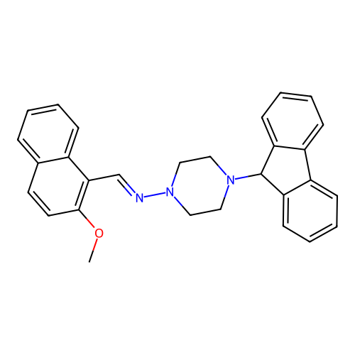 N-[4-(9H-fluoren-9-yl)piperazin-1-yl]-1-(2-methoxynaphthalen-1-yl)methanimine structure