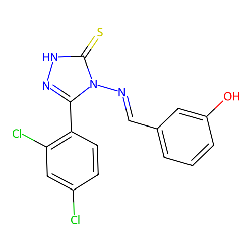 (E)-3-(((3-(2,4-dichlorophenyl)-5-mercapto-4H-1,2,4-triazol-4-yl)imino)methyl)phenol structure