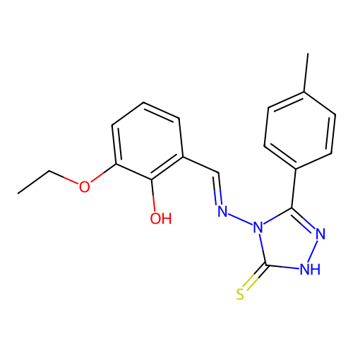 2-ethoxy-6-(((3-mercapto-5-(p-tolyl)-4H-1,2,4-triazol-4-yl)imino)methyl)phenol structure